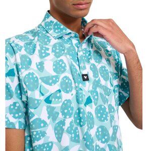 Bad Birdie MSRP $78 Golf Polo Shirt Performance Stretch Geo Print Teal Mens NWT
